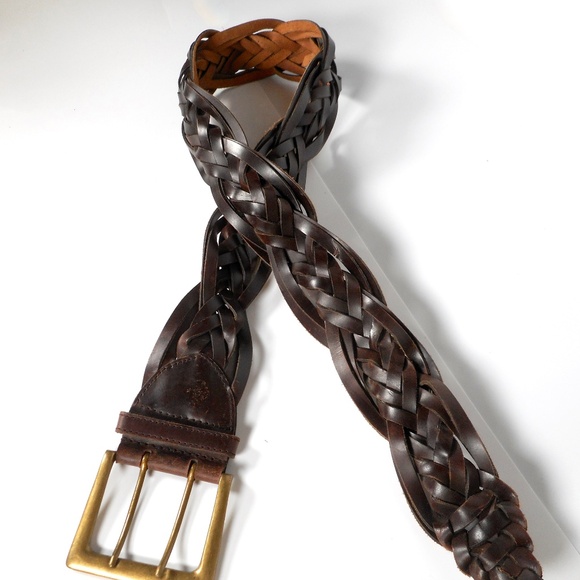 Wide Genuine Leather Brown Braided Belt S M 2-Prong Big Brass Buckle 33-36 Waist main image 6